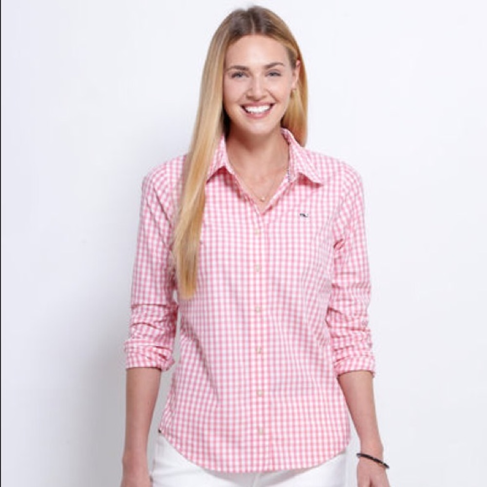 Pink gingham button down great for school and work